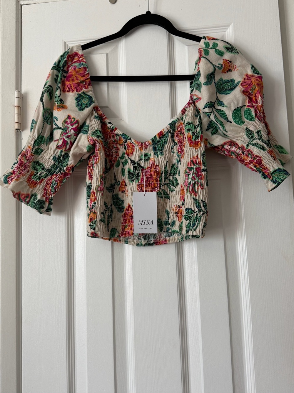 MISA Los Angeles Cream Floral Smocked Puff-Sleeve Top